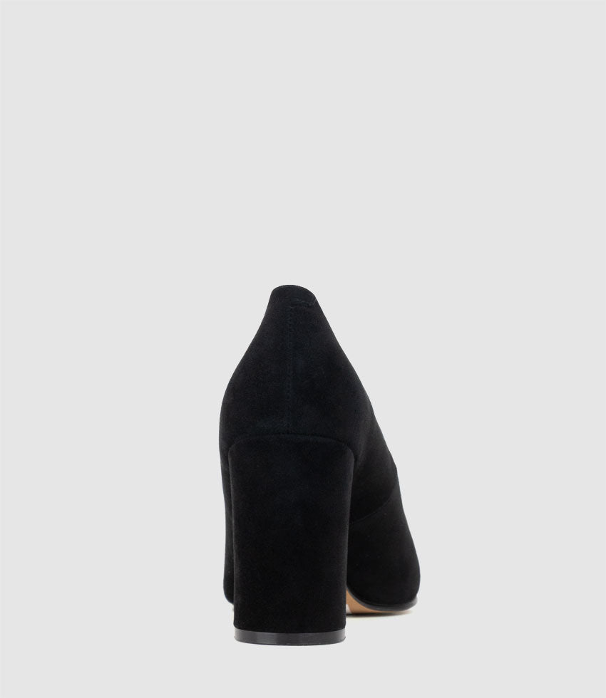 BRYNLEY85 Block Heel Pointed Pump in Black Suede - Edward Meller