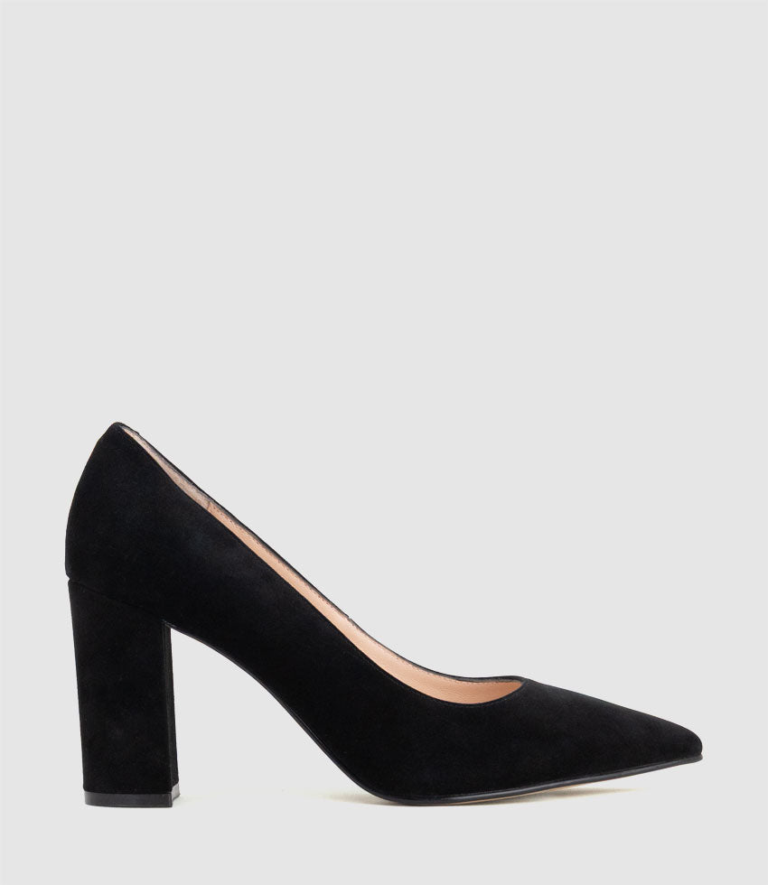 BRYNLEY85 Block Heel Pointed Pump in Black Suede - Edward Meller