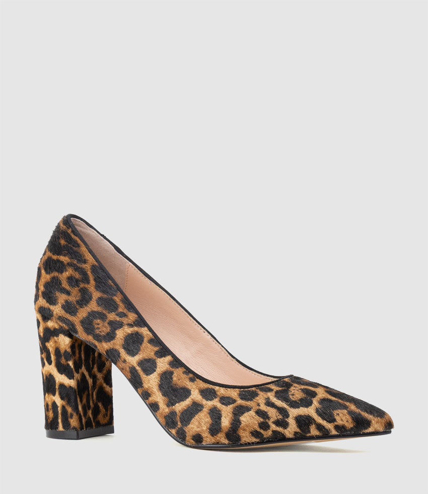 BRYNLEY85 Block Heel Pointed Pump in Leopard Calf Hair - Edward Meller