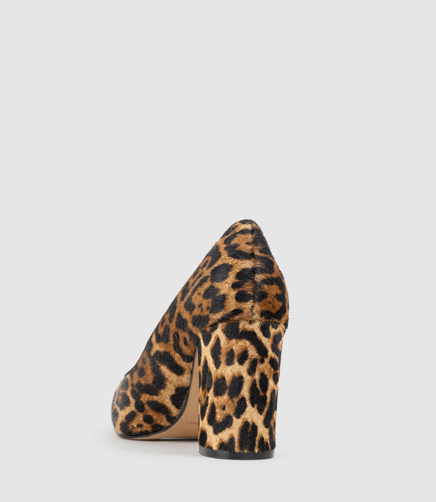 BRYNLEY85 Block Heel Pointed Pump in Leopard Calf Hair - Edward Meller