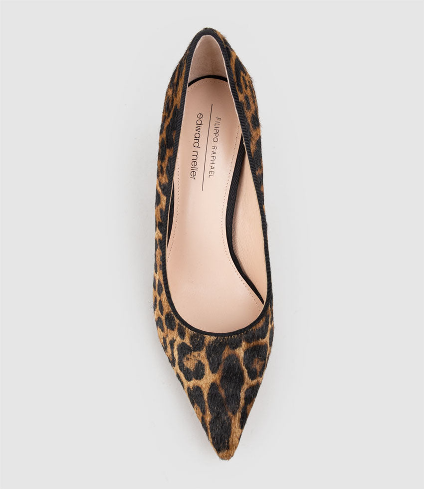 BRYNLEY85 Block Heel Pointed Pump in Leopard Calf Hair - Edward Meller