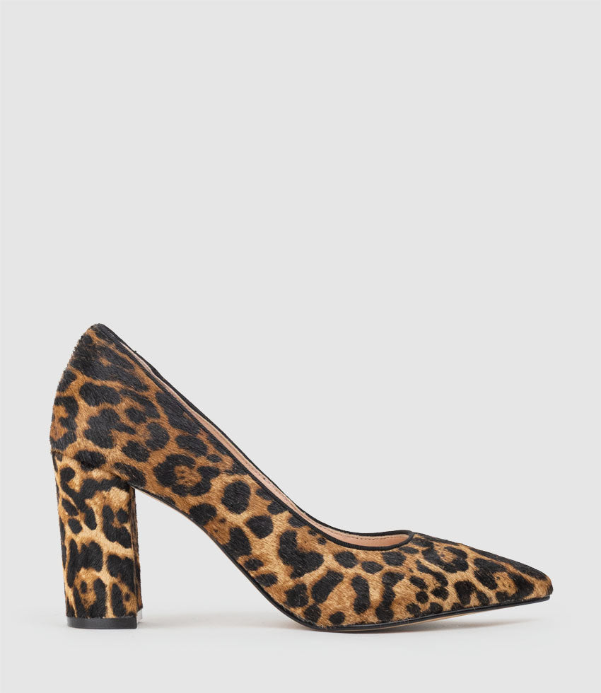 BRYNLEY85 Block Heel Pointed Pump in Leopard Calf Hair - Edward Meller