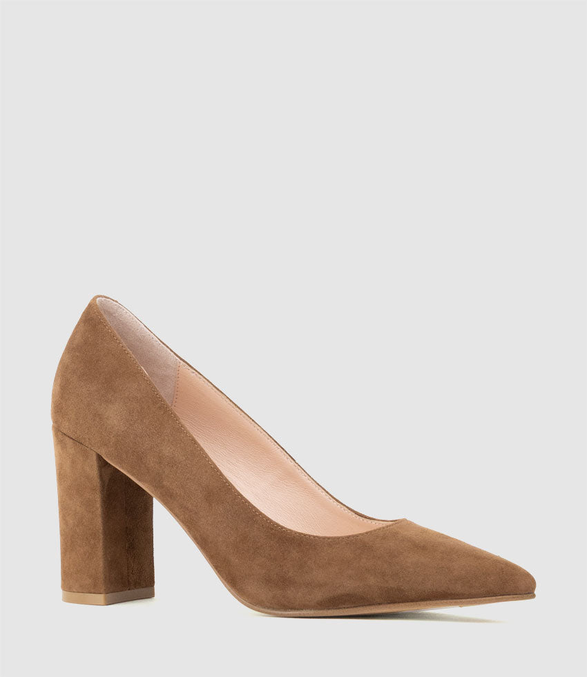 BRYNLEY85 Block Heel Pointed Pump in Tan Suede - Edward Meller