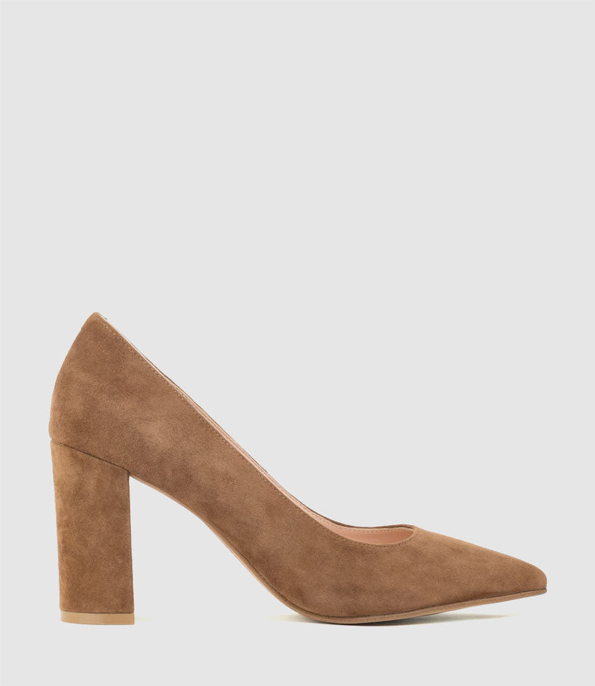 BRYNLEY85 Block Heel Pointed Pump in Tan Suede - Edward Meller