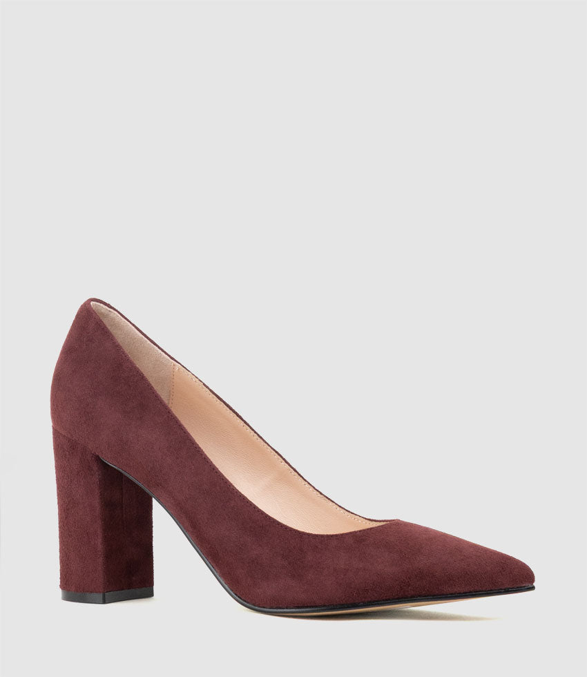 BRYNLEY85 Block Heel Pointed Pump in Wine Suede - Edward Meller