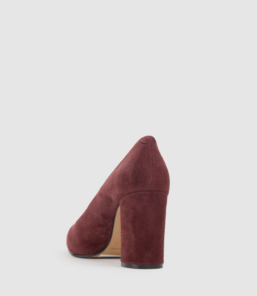 BRYNLEY85 Block Heel Pointed Pump in Wine Suede - Edward Meller