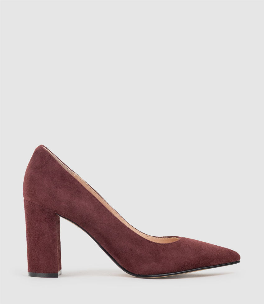 BRYNLEY85 Block Heel Pointed Pump in Wine Suede - Edward Meller