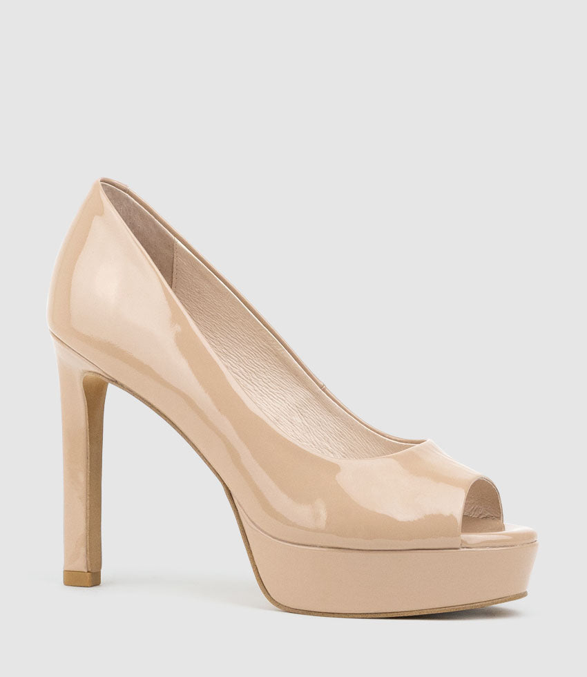 CADIE110 Open Toe Platform Pump in Nude Patent - Edward Meller