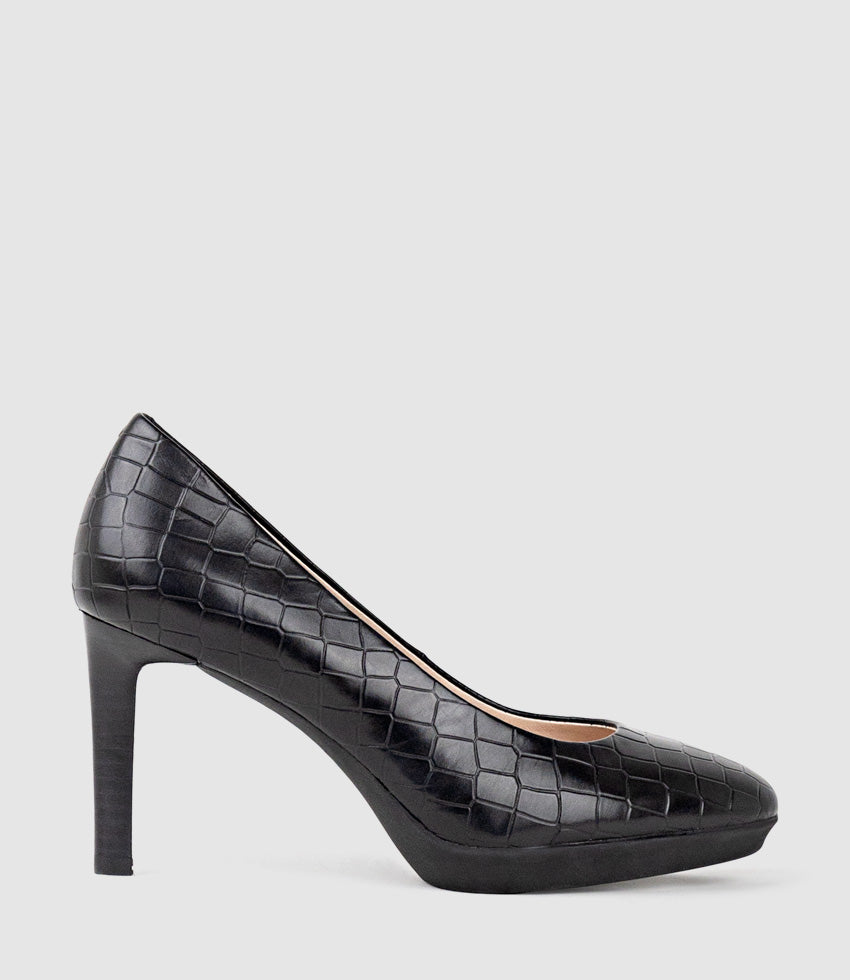 CLARICE85 Pump on Unit in Black Croc - Edward Meller