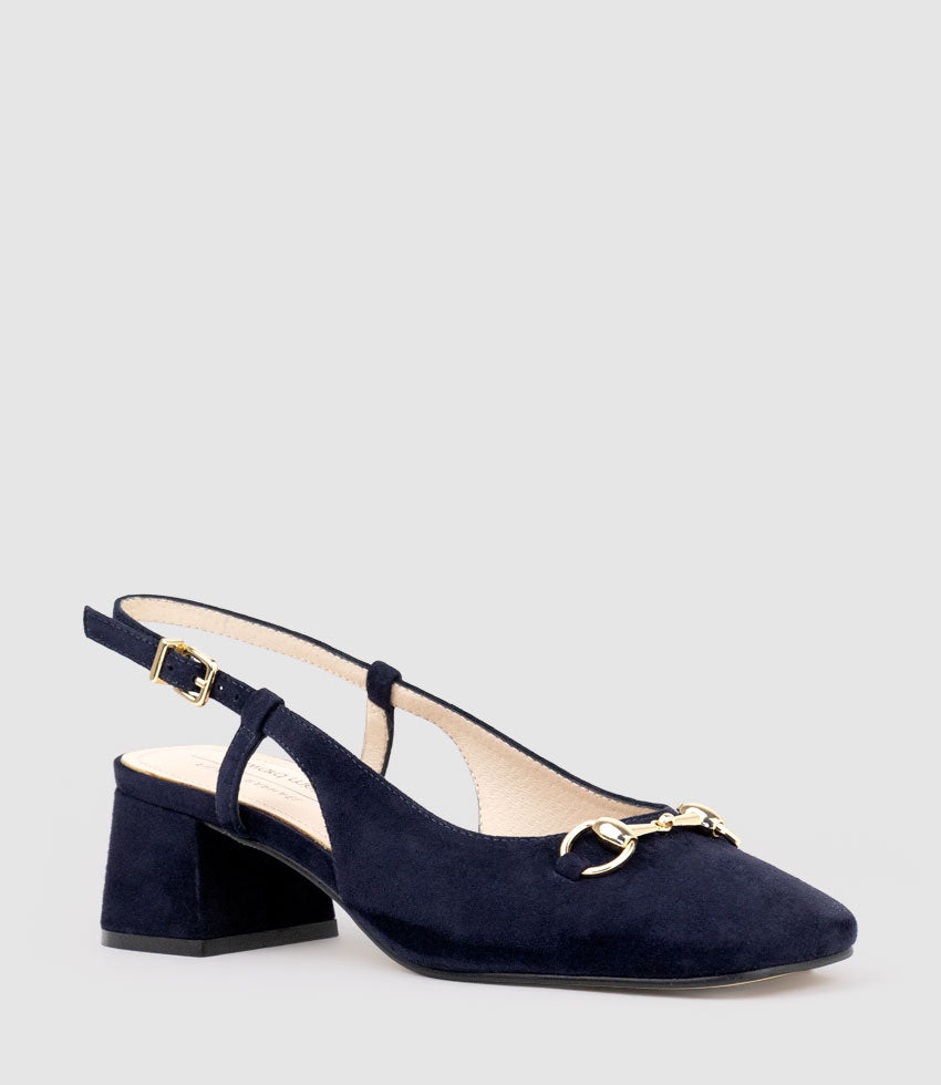 CLEMENTINE45 Closed Toe Sling with Hardware in Navy Suede - Edward Meller
