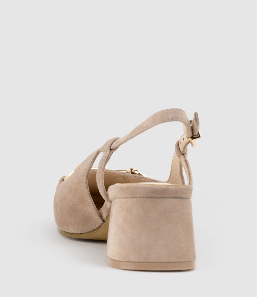 CLEMENTINE45 Closed Toe Sling with Hardware in Nude Suede - Edward Meller