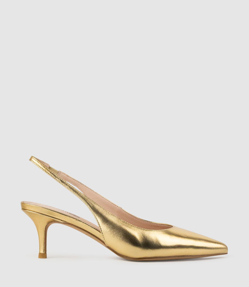 CRESTA60 Pointed Slingback in Aged Gold - Edward Meller