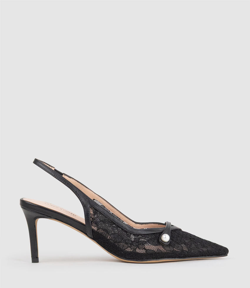 DAMINA70 Lace Slingback with Pearl in Black - Edward Meller