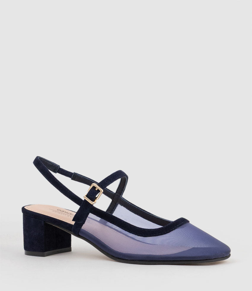 DAPHNE45 Mesh Slingback Pump in Navy Suede - Edward Meller
