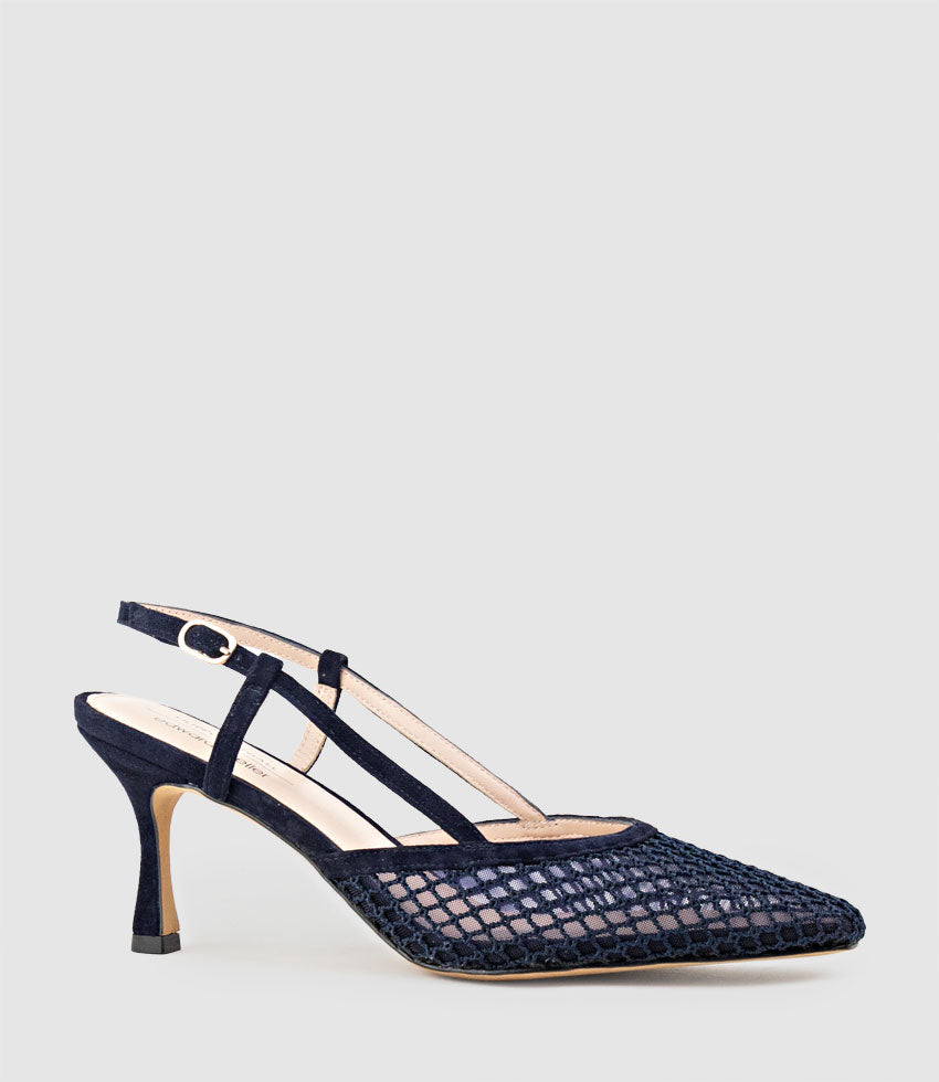 DELILAH75 Mesh Slingback Pump in Navy Suede - Edward Meller