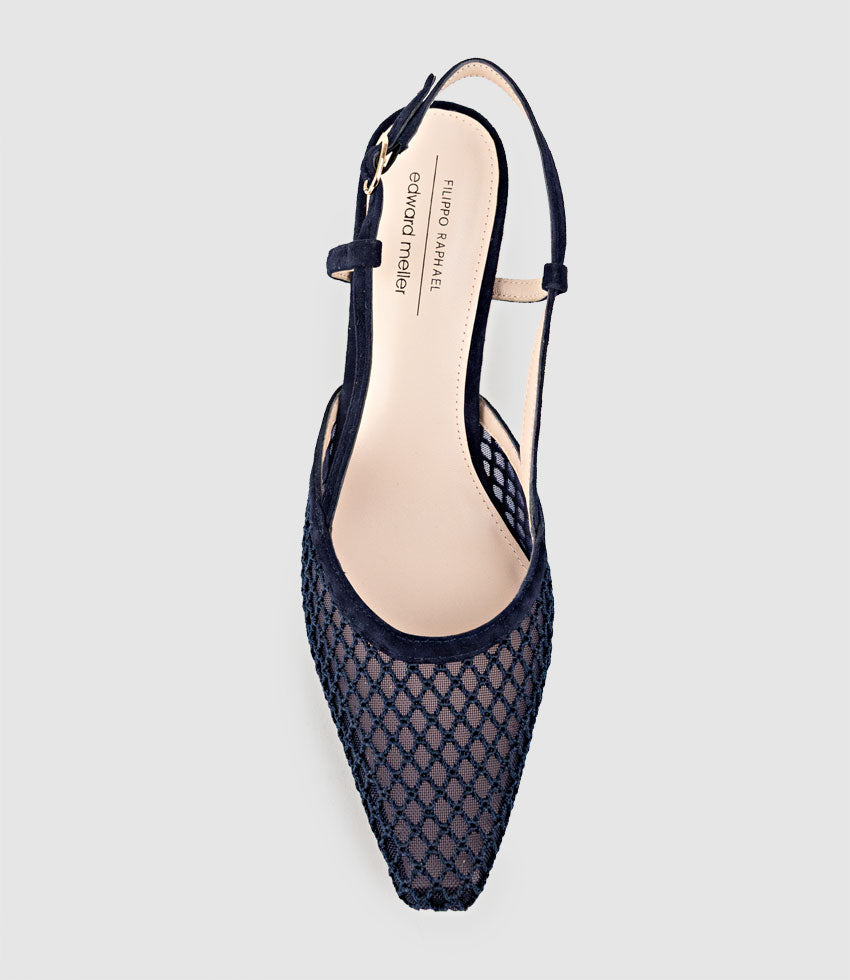 DELILAH75 Mesh Slingback Pump in Navy Suede - Edward Meller