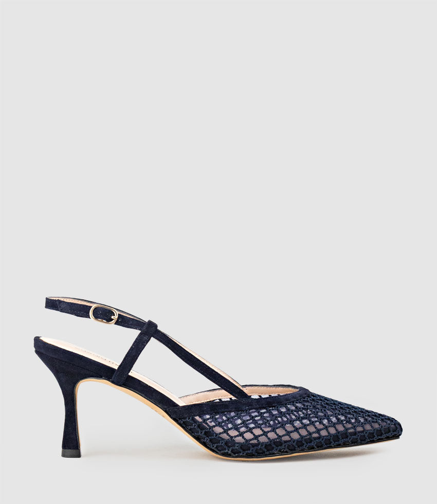 DELILAH75 Mesh Slingback Pump in Navy Suede - Edward Meller