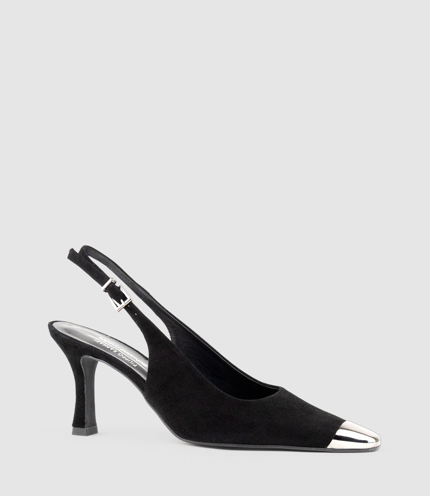 DELINA75 Cap Toe Slingback Pump in Black Suede - Edward Meller