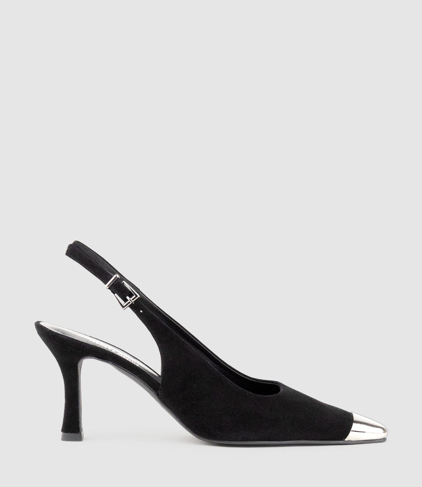 DELINA75 Cap Toe Slingback Pump in Black Suede - Edward Meller