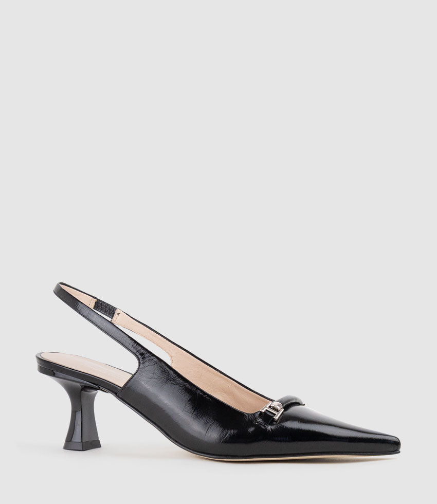 DELTA60 Slingback Pump with Strap in Black Crinkle Patent - Edward Meller