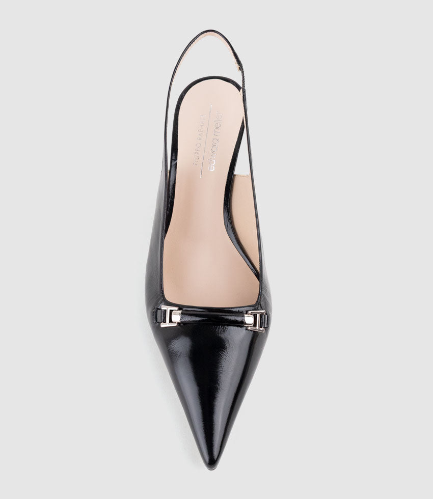 DELTA60 Slingback Pump with Strap in Black Crinkle Patent - Edward Meller