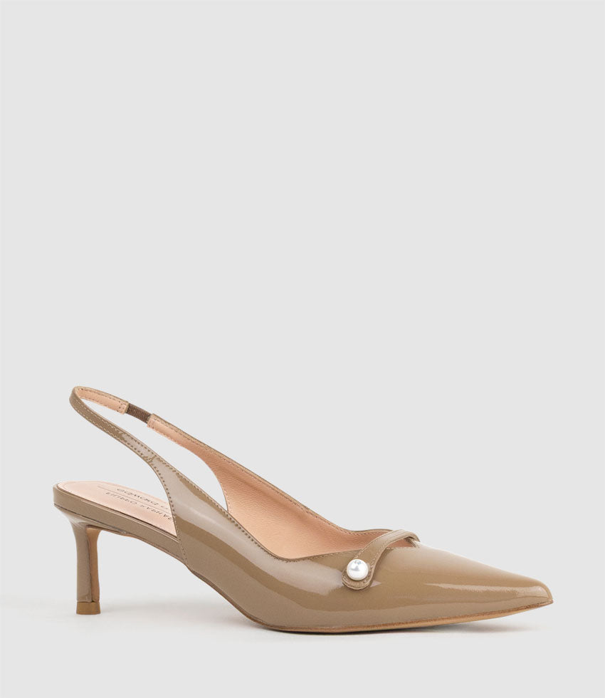 DIVINE55 Slingback Pump with Pearl in Latte Patent - Edward Meller