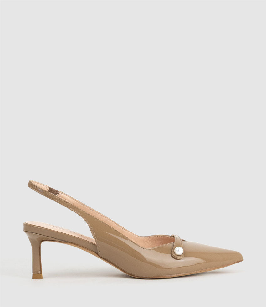 DIVINE55 Slingback Pump with Pearl in Latte Patent - Edward Meller