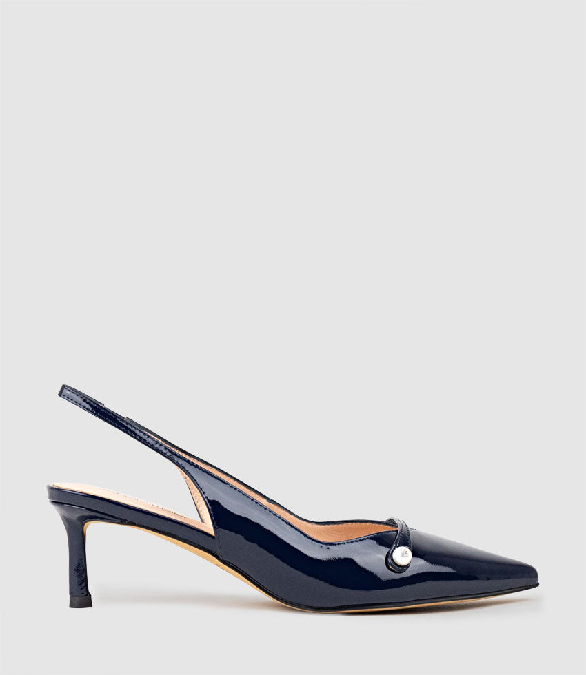 DIVINE55 Slingback Pump with Pearl in Navy Patent - Edward Meller