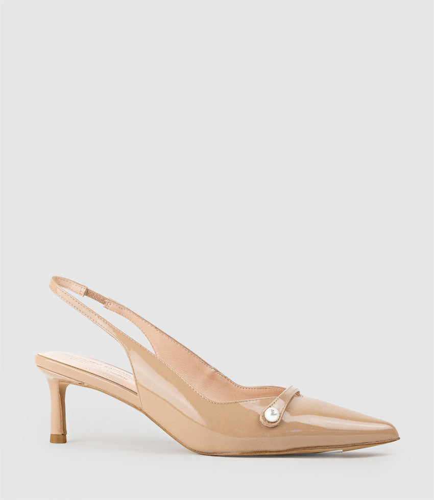 DIVINE55 Slingback Pump with Pearl in Nude Patent - Edward Meller