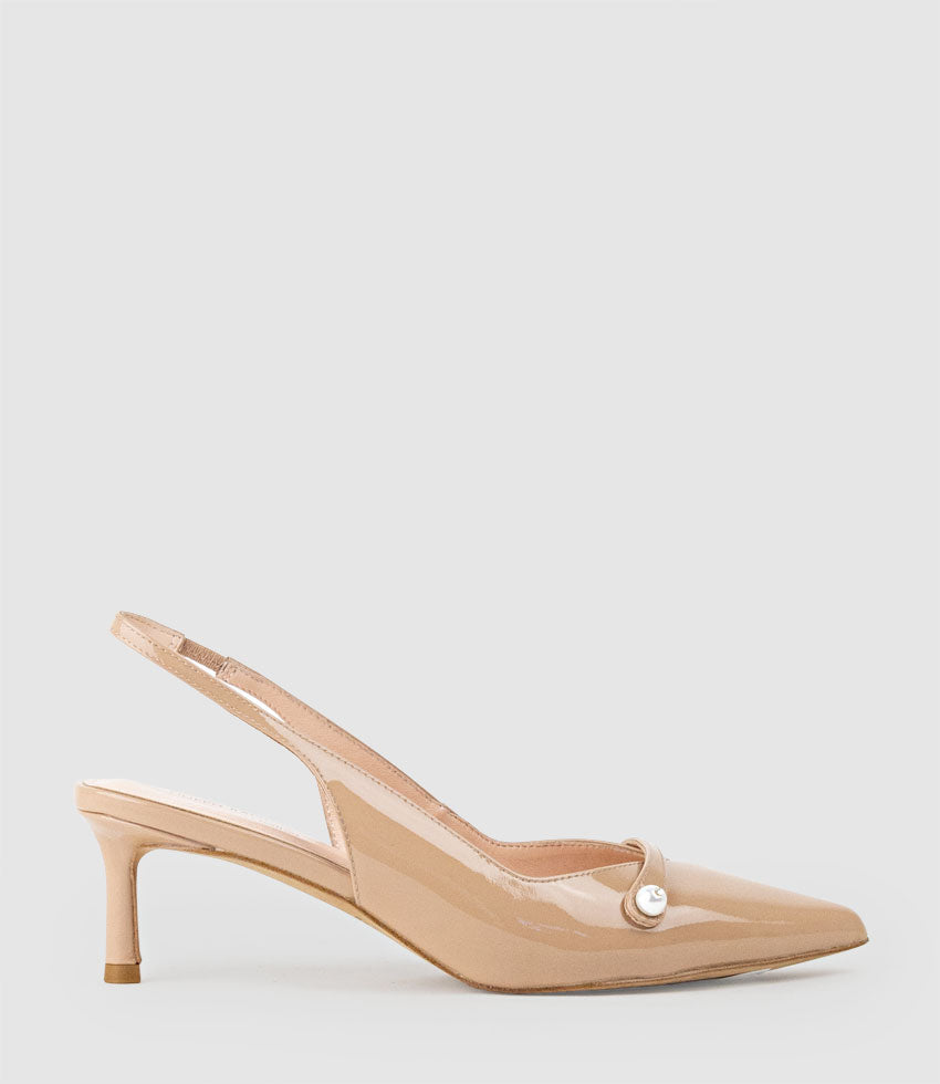 DIVINE55 Slingback Pump with Pearl in Nude Patent - Edward Meller
