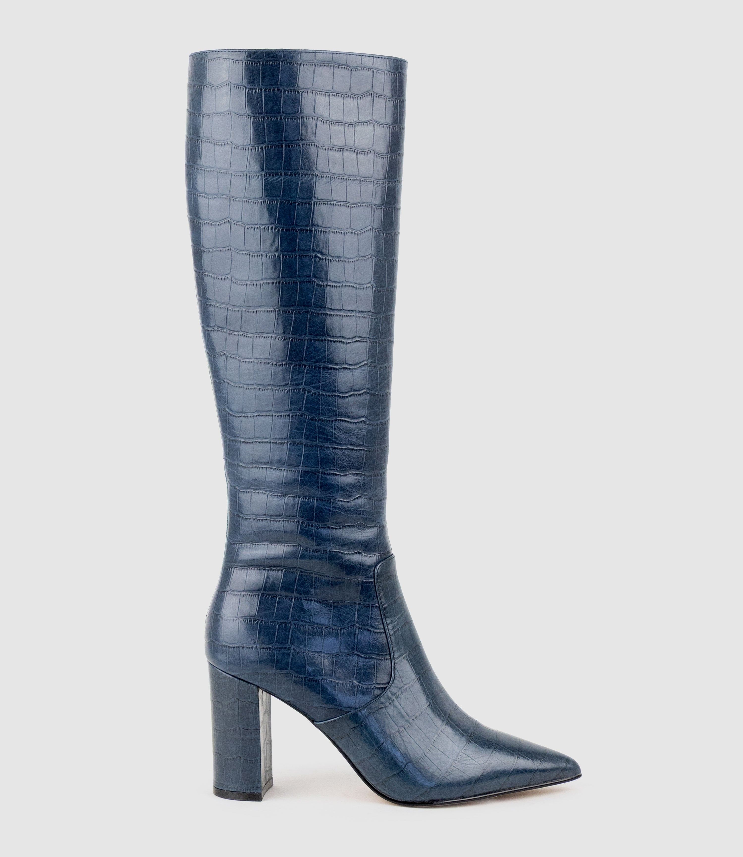 VAIN85 Knee High Boot in Blue Croc Print Calf