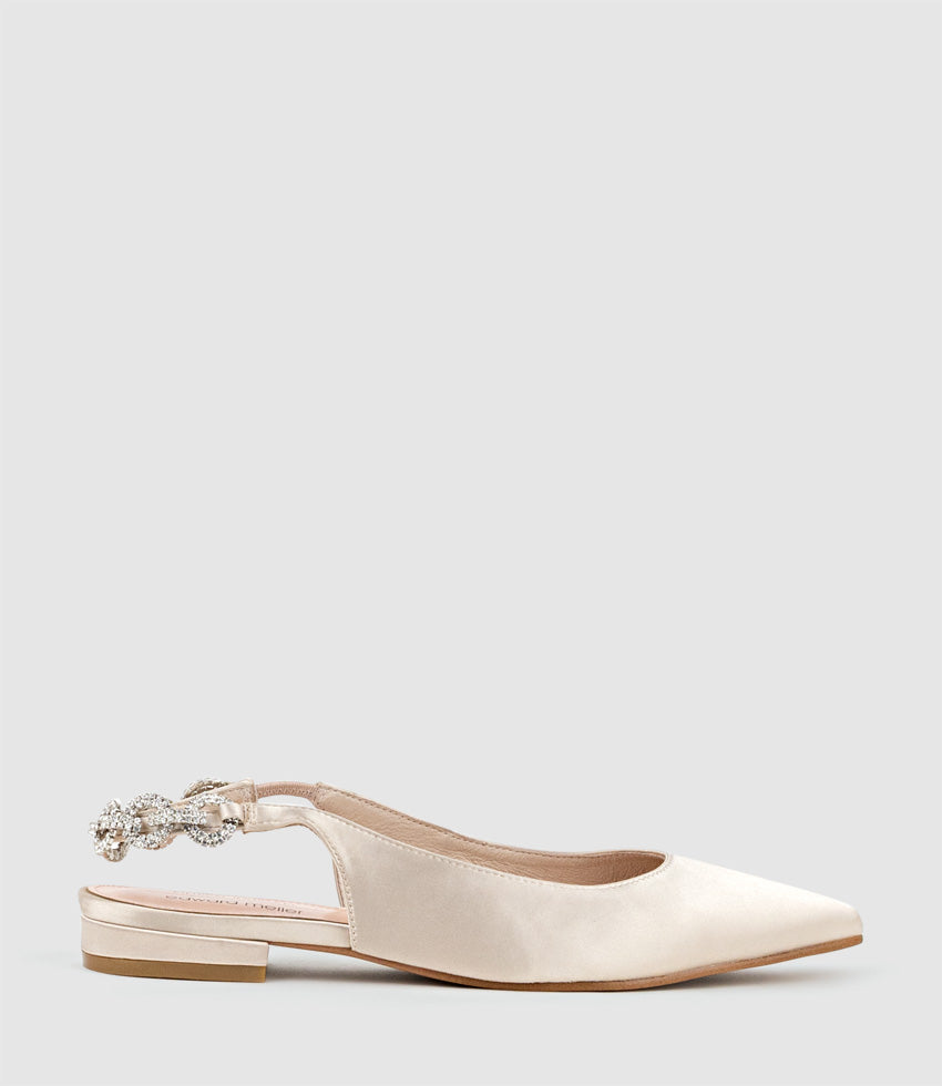 EBONY Flat Slingback with Diamond Band in Champagne Satin - Edward Meller
