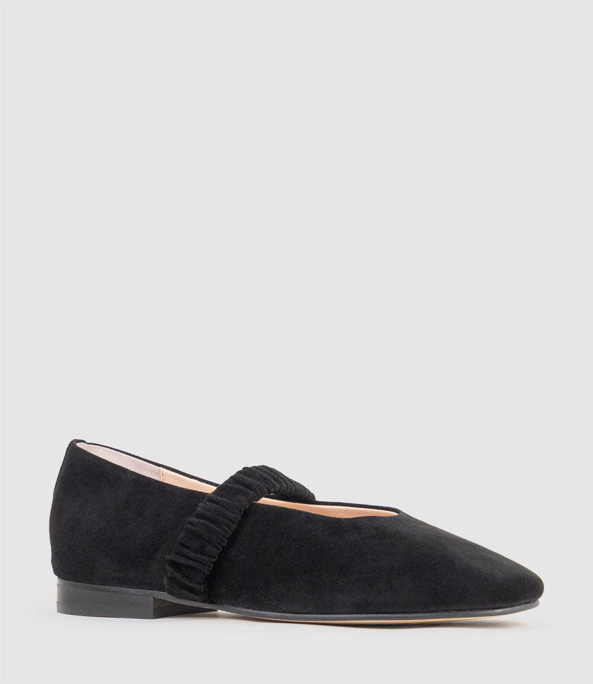 EDINA Ruched Strap Ballet in Black Suede - Edward Meller