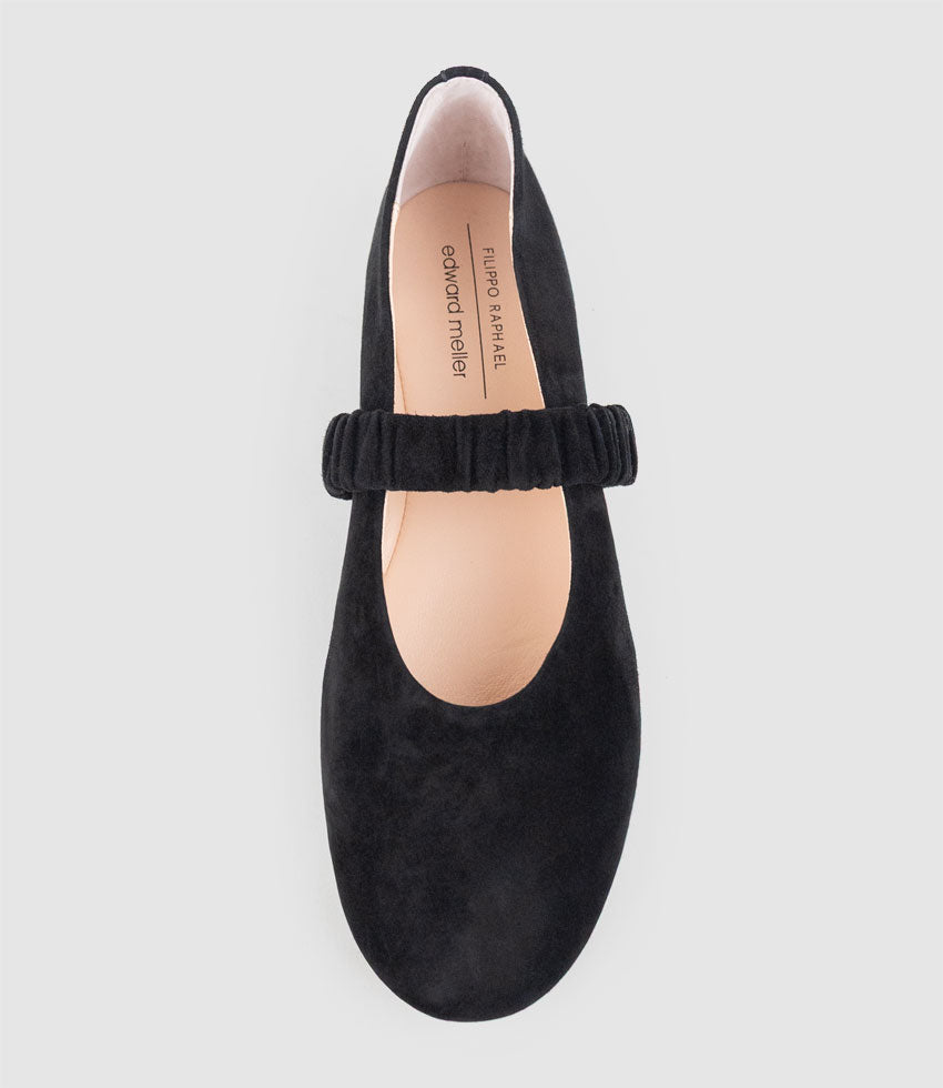 EDINA Ruched Strap Ballet in Black Suede - Edward Meller