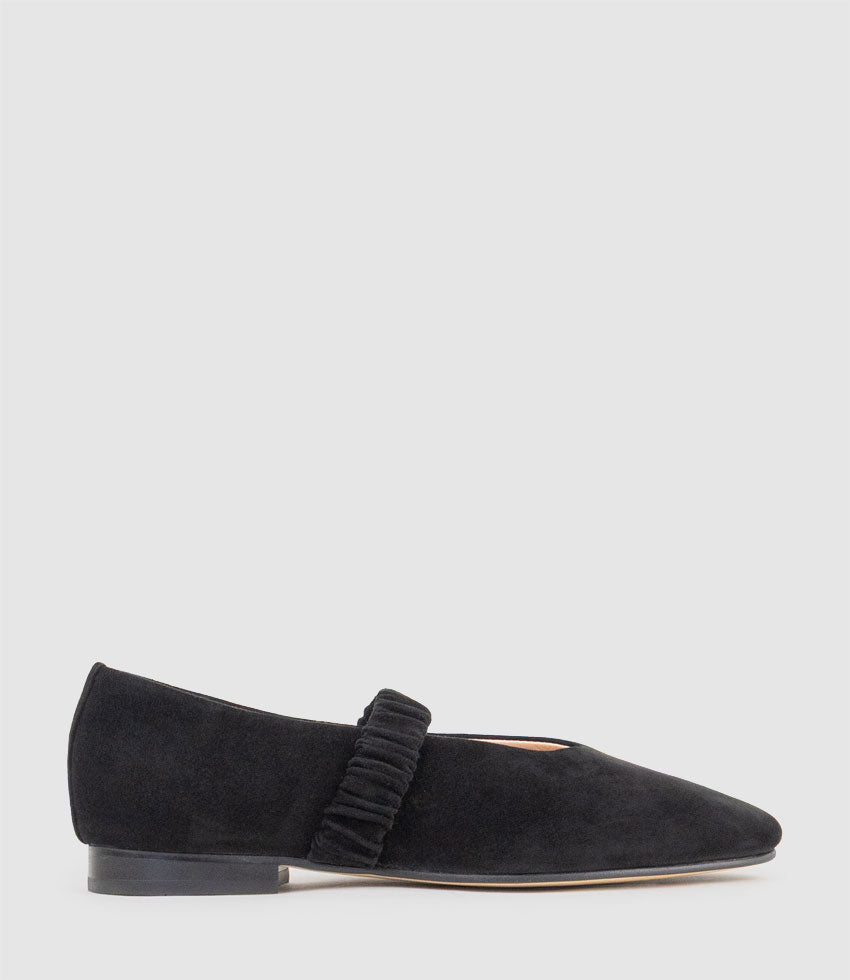 EDINA Ruched Strap Ballet in Black Suede - Edward Meller
