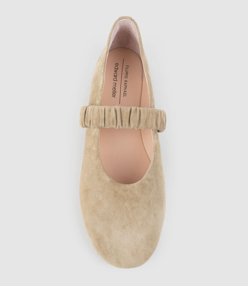 EDINA Ruched Strap Ballet in Camel Suede - Edward Meller