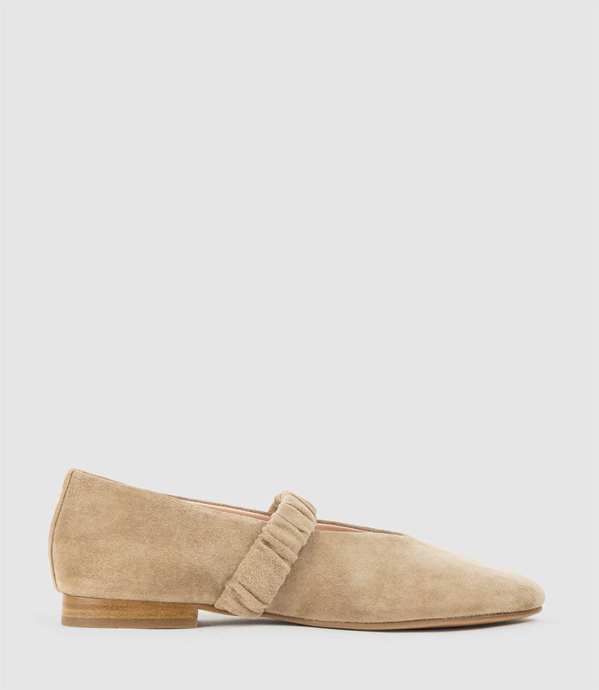 EDINA Ruched Strap Ballet in Camel Suede - Edward Meller