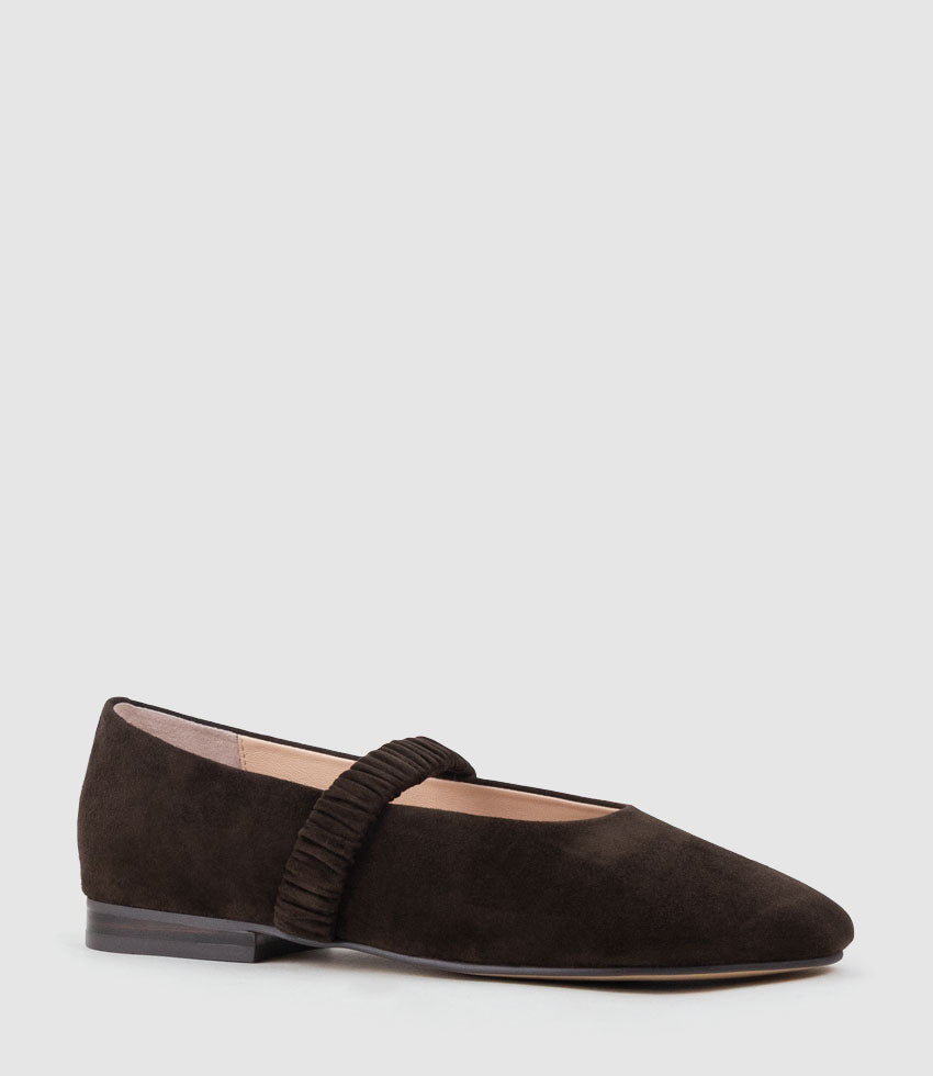 EDINA Ruched Strap Ballet in Chocolate Suede - Edward Meller