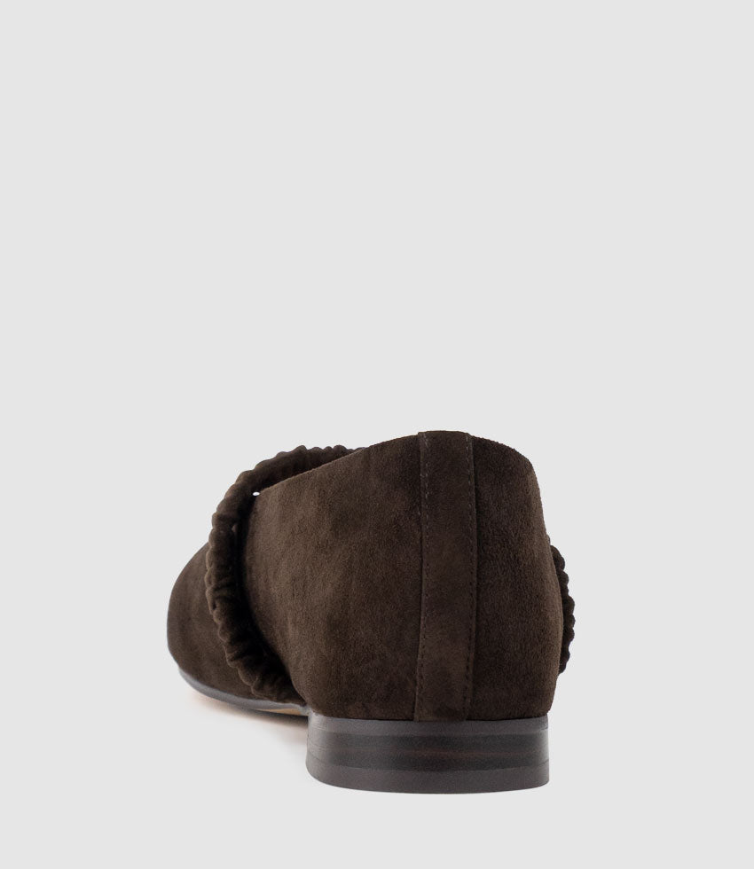 EDINA Ruched Strap Ballet in Chocolate Suede - Edward Meller
