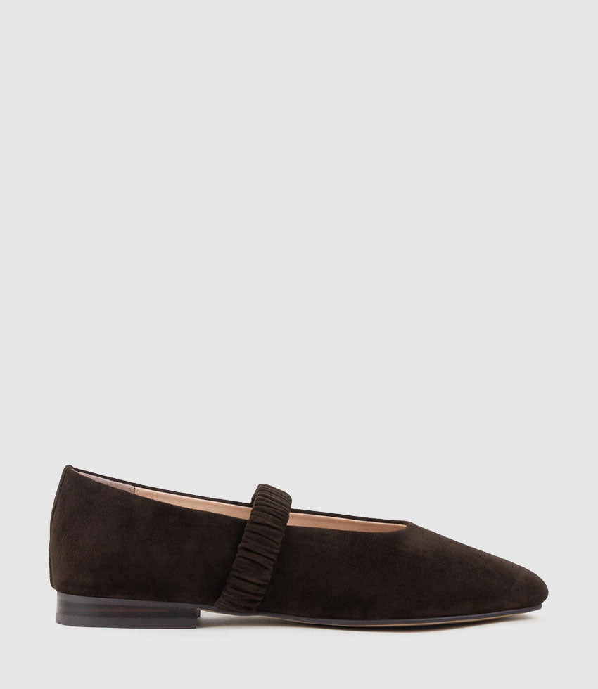EDINA Ruched Strap Ballet in Chocolate Suede - Edward Meller
