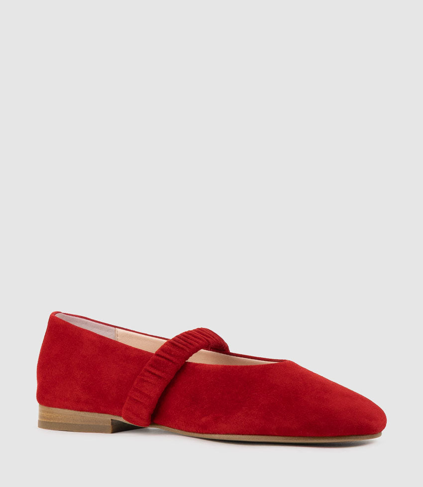 EDINA Ruched Strap Ballet in Red Suede - Edward Meller