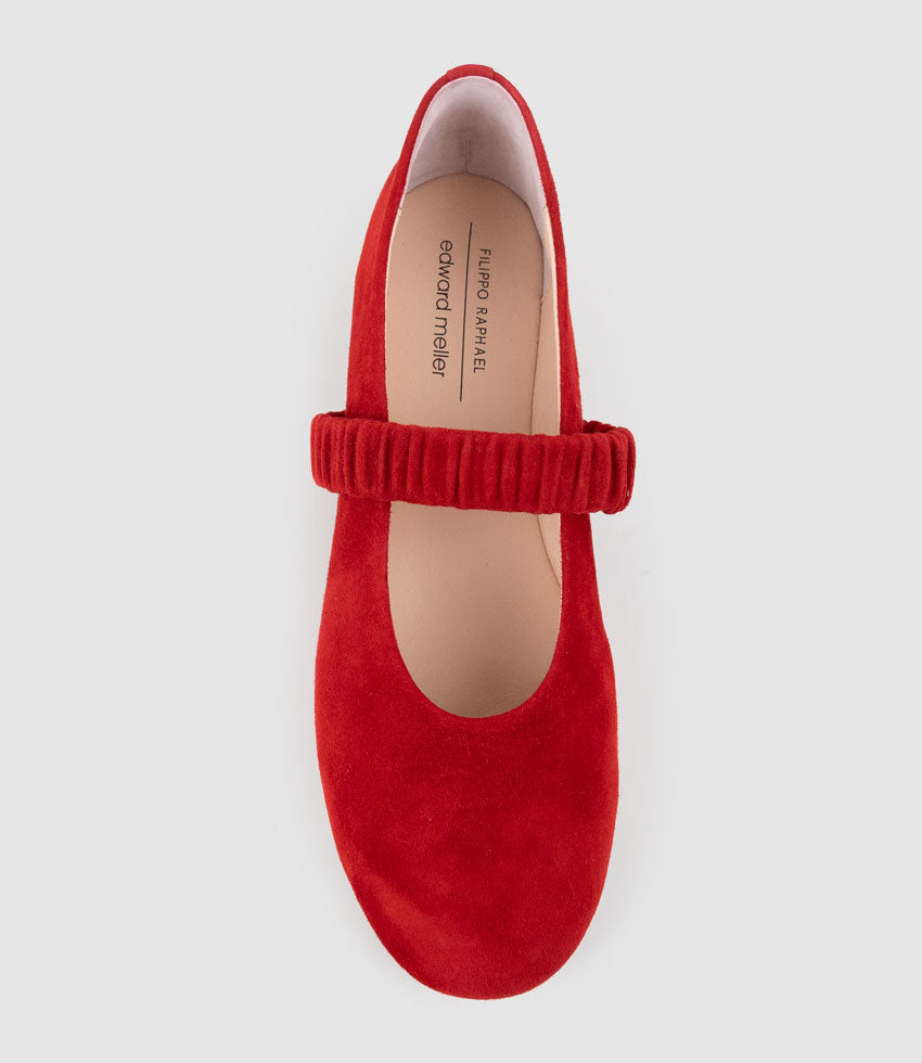 EDINA Ruched Strap Ballet in Red Suede - Edward Meller