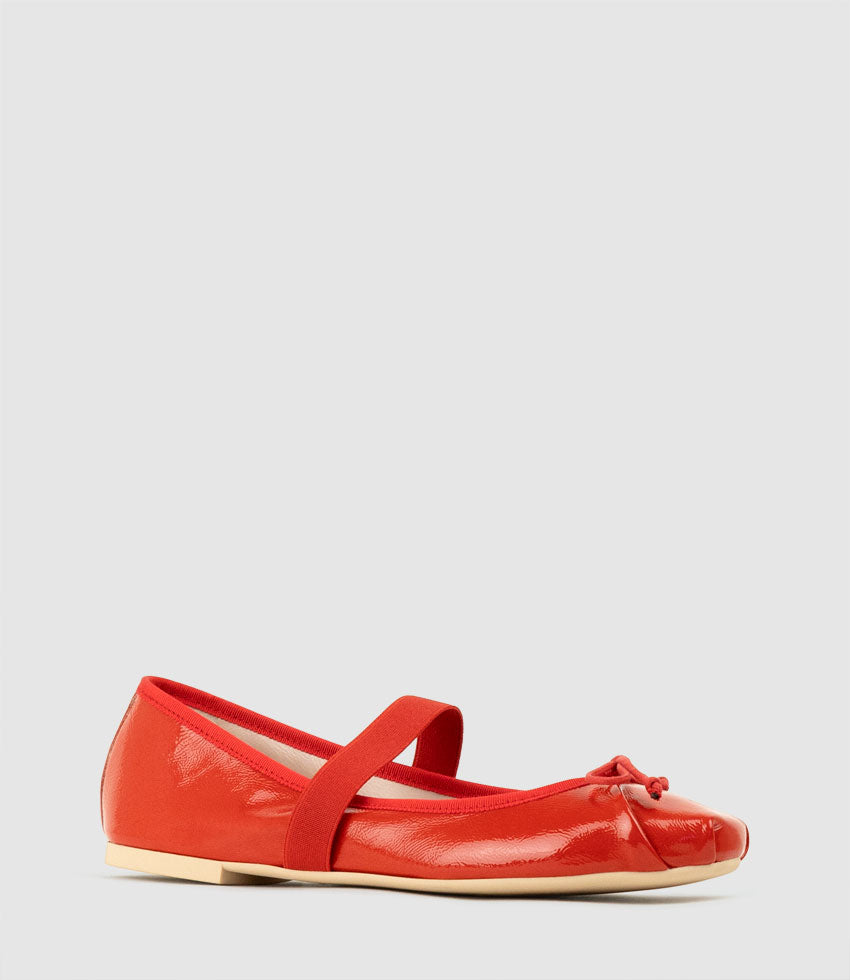 EFFIE Ruched Ballet with Strap in Red Patent