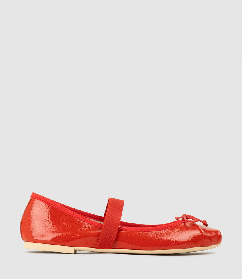 EFFIE Ruched Ballet with Strap in Red Patent