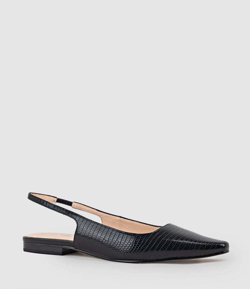ELIANA Chiselled Slingback in Black Tejus Lizard Print - Edward Meller
