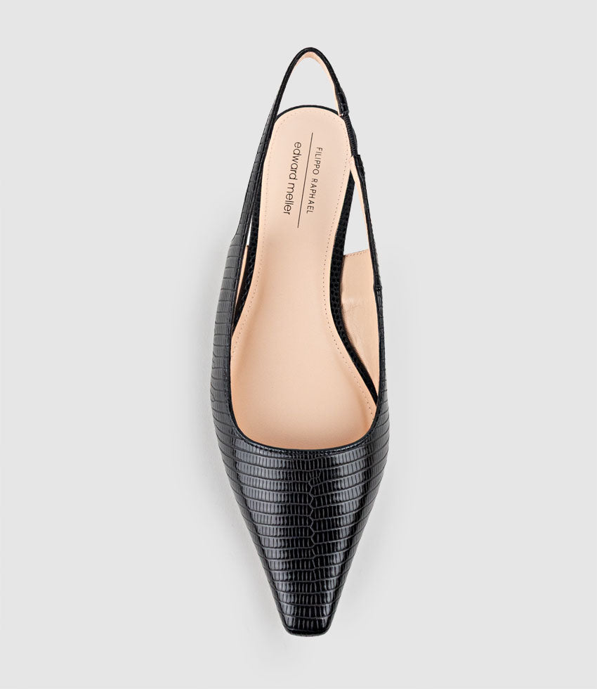 ELIANA Chiselled Slingback in Black Tejus Lizard Print - Edward Meller