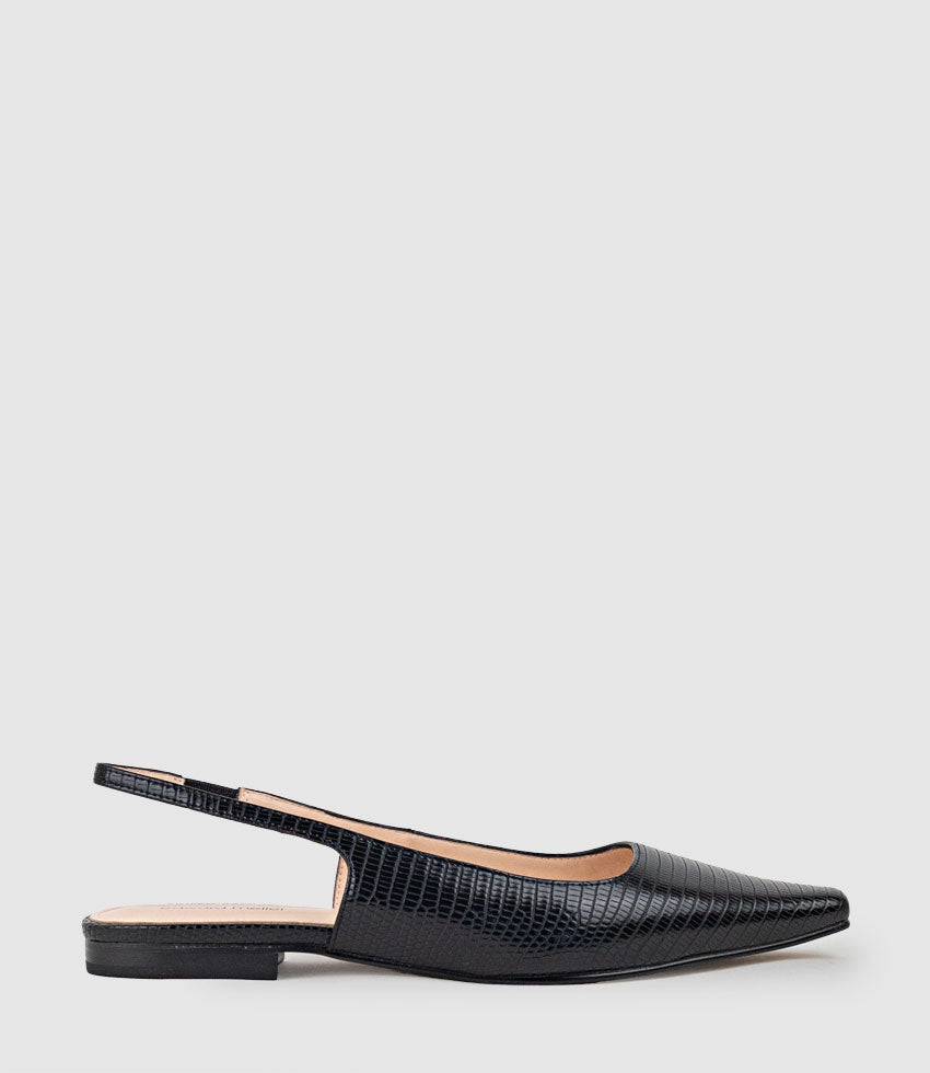 ELIANA Chiselled Slingback in Black Tejus Lizard Print - Edward Meller