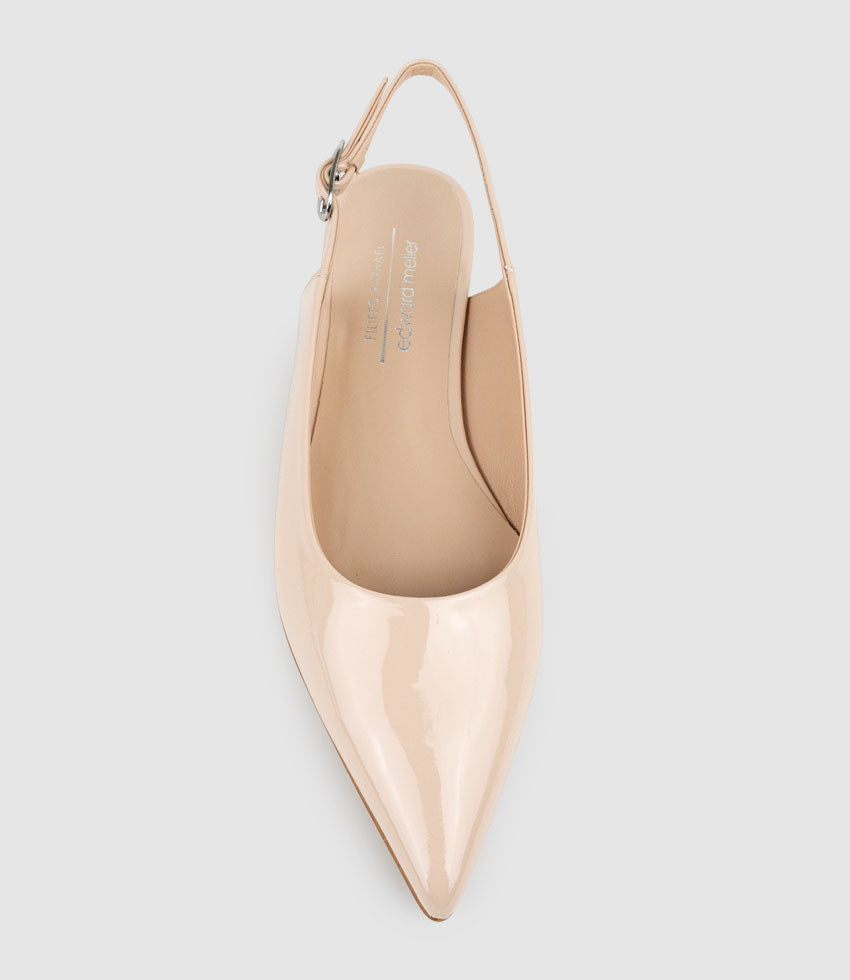 ELISE Flat Closed Toe Sling in Nude Patent