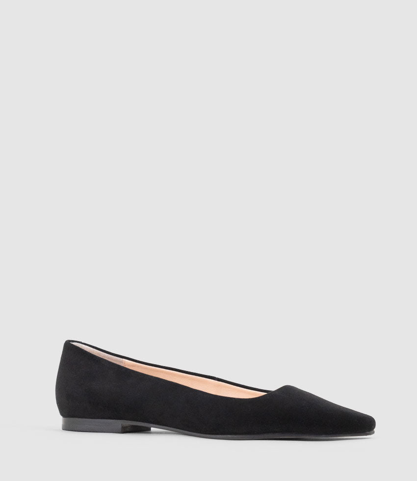 ELVY Chiselled Flat Pump in Black Suede