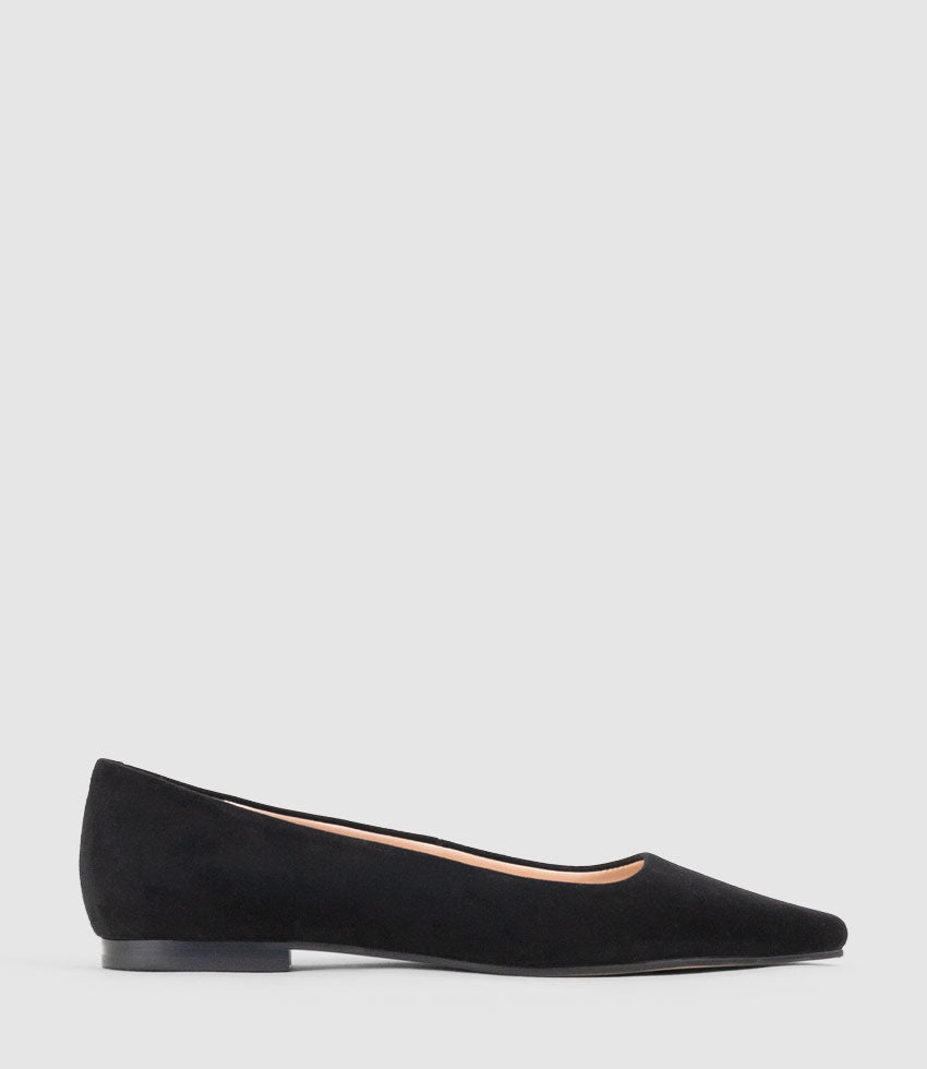 ELVY Chiselled Flat Pump in Black Suede